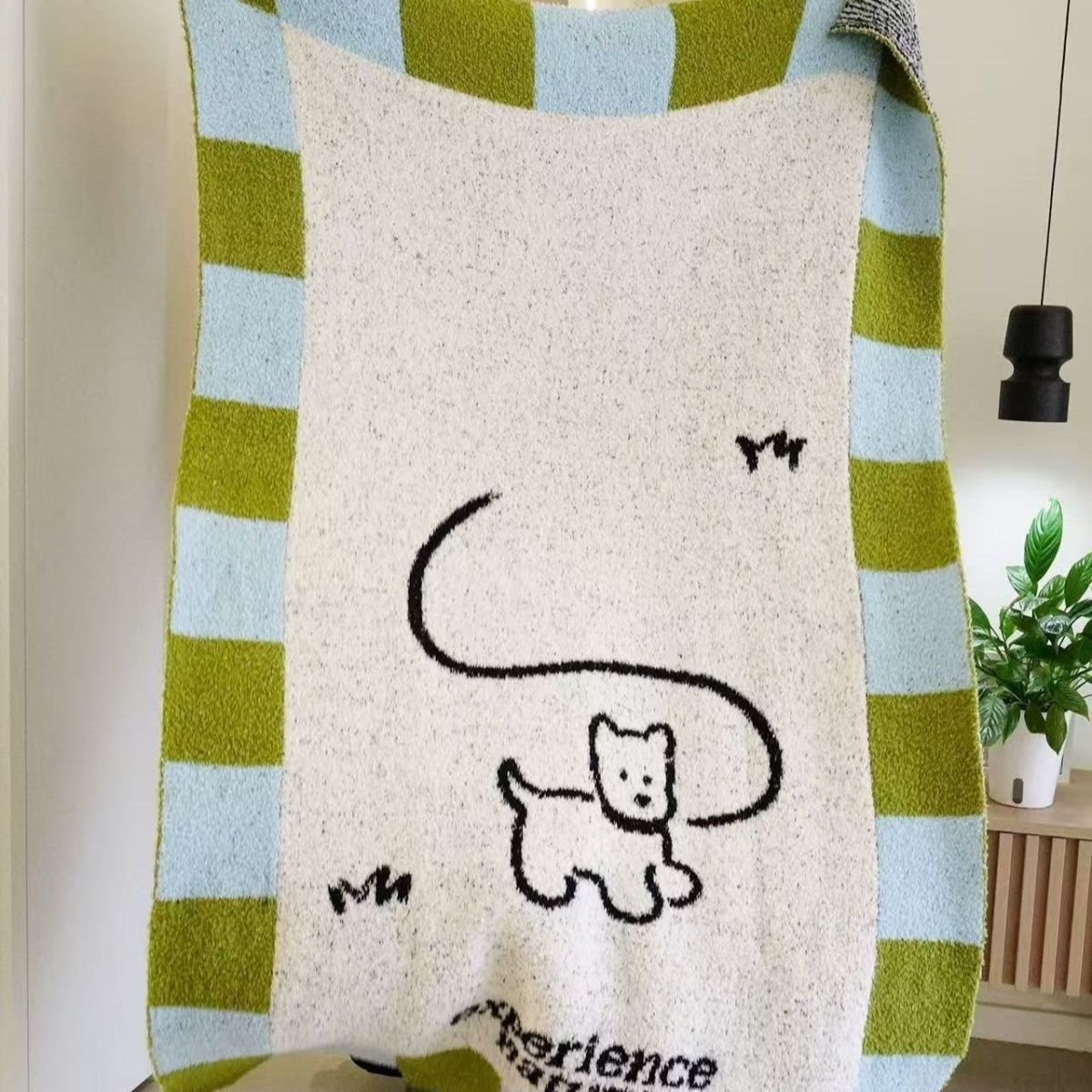 溫柔系毛毯可愛小狗插畫  淺綠條紋拼接半邊絨毯