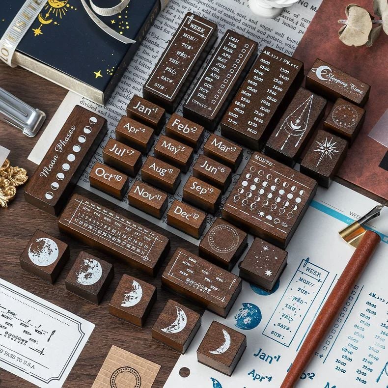 月相星輝木質印章套盒 30枚萬年曆 × 月亮手帳印章