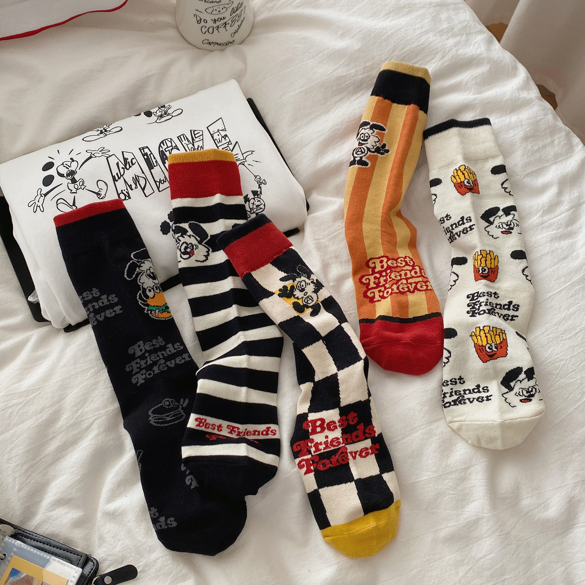 美式BFF快餐風情侶襪中筒襪5雙組