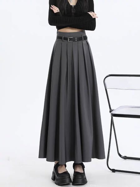 壓褶側拉鏈舒適長裙   灰色L現貨免運