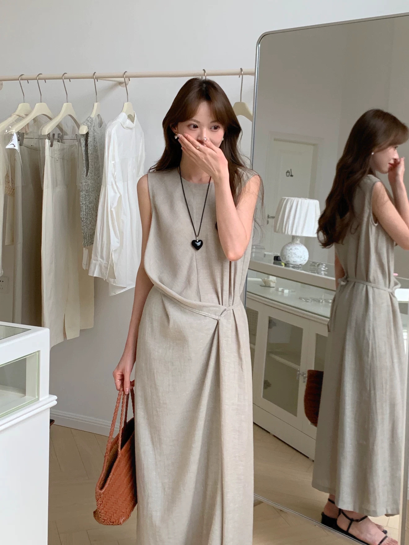 夏季不規則系帶麻棉連衣裙