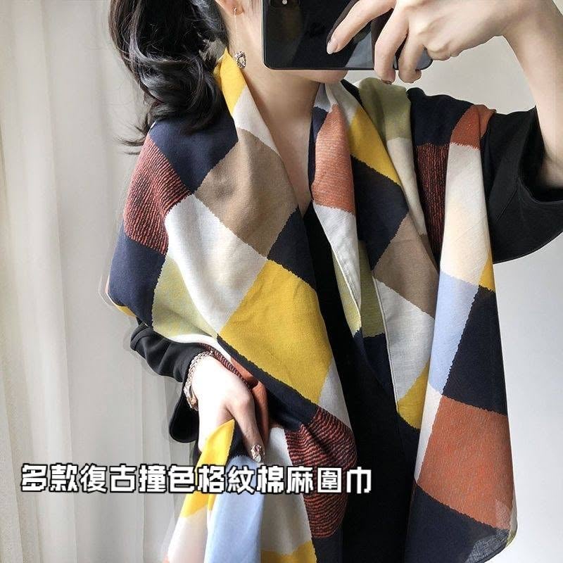 多款復古撞色格紋棉麻長款圍巾
