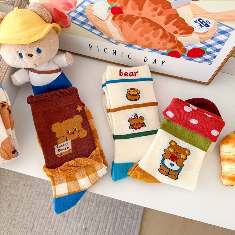 黃油小熊波點滾邊邊綿襪組3入