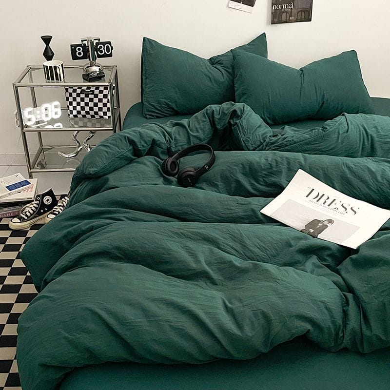 新色系水洗棉四件床包組 寶石綠純色有單人款