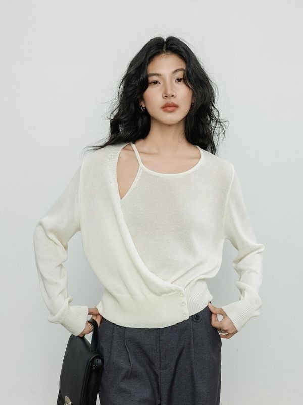 秋季新款極簡風寬鬆長袖上衣 解構設計針織衫