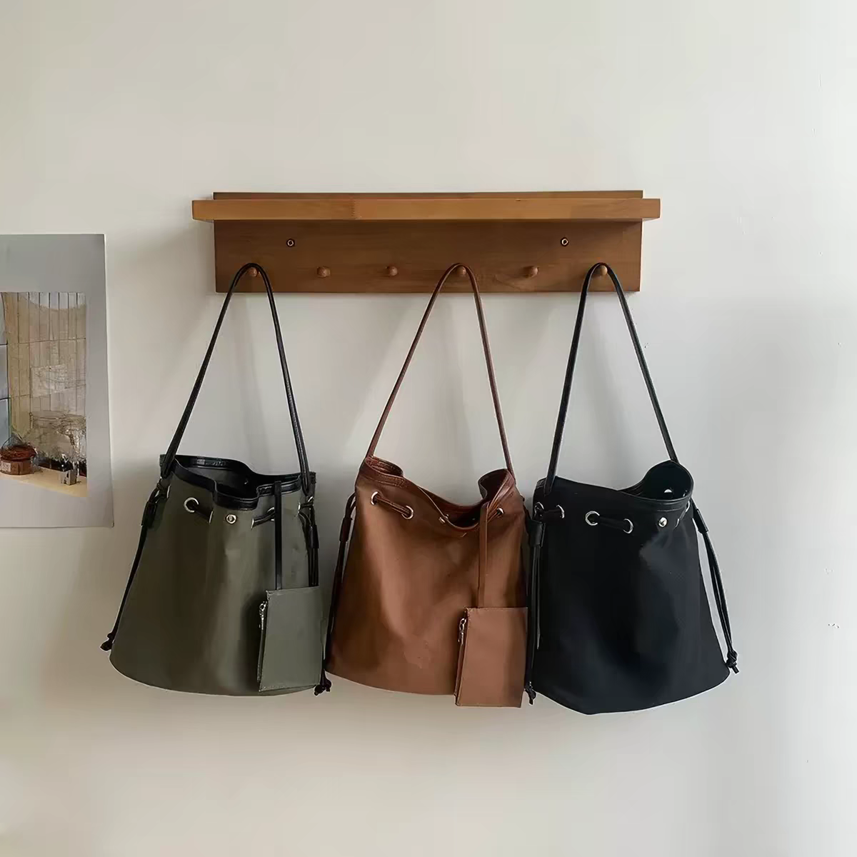 韓系ins抽繩水桶包 大容量帆布單肩包 通勤必備