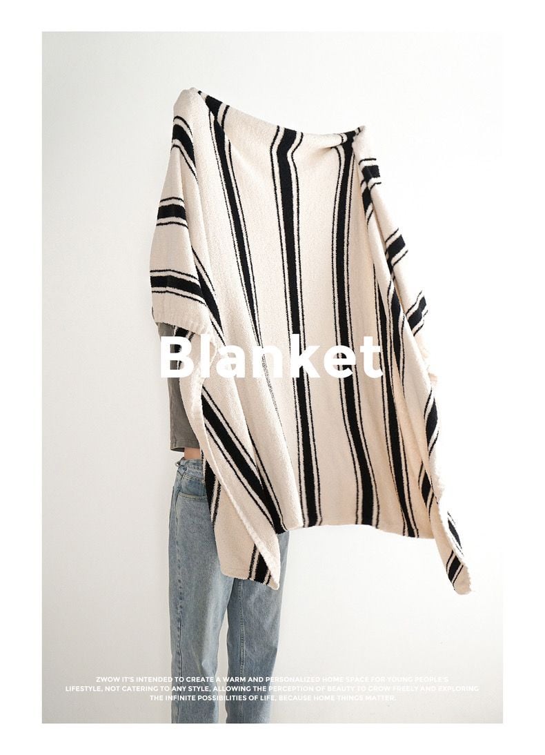 北歐風黑米條紋雙面半邊絨蓋毯