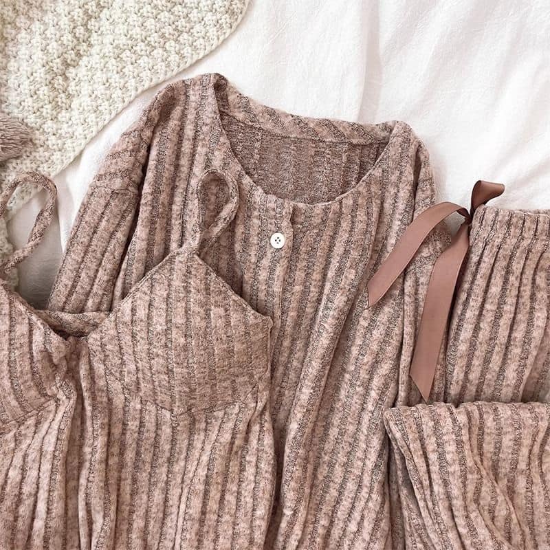 春秋條絨紋材質舒適家居三件套