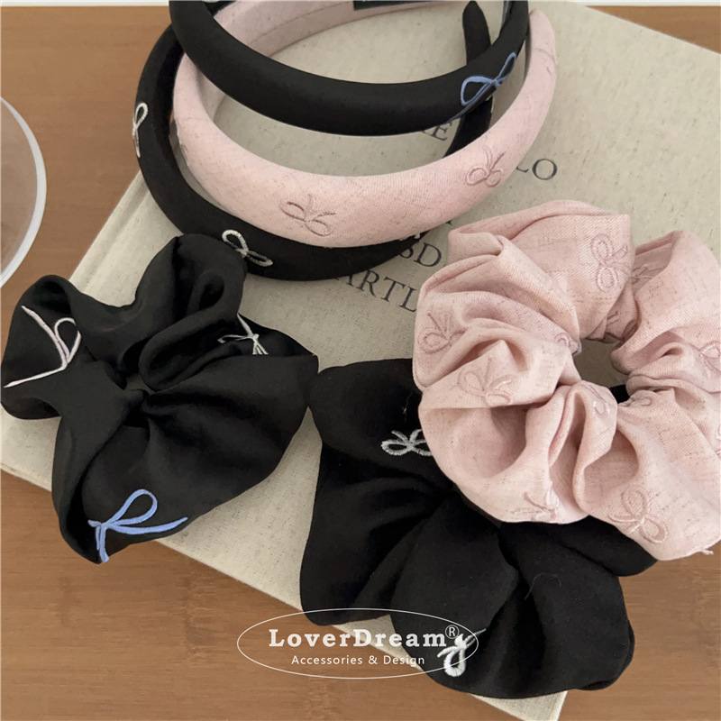 韓國新款 刺繡字母黑色粉紅色布藝髮箍髮繩組