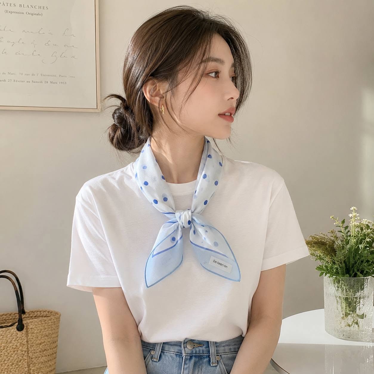 春夏韓系淺藍調棉麻小方巾2條組  透氣百搭文藝裝飾絲巾