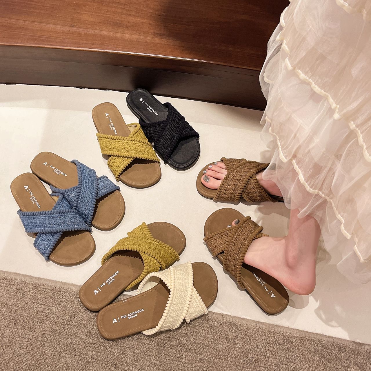 夏季波西米亞仙氣飄飄編織交叉拖鞋