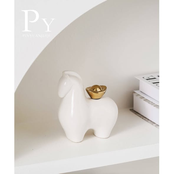 北歐風陶瓷馬擺飾附金元寶