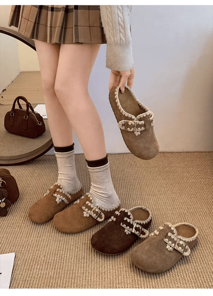 秋日奶油慵懶風 厚底內增高毛呢包頭拖鞋勃肯鞋