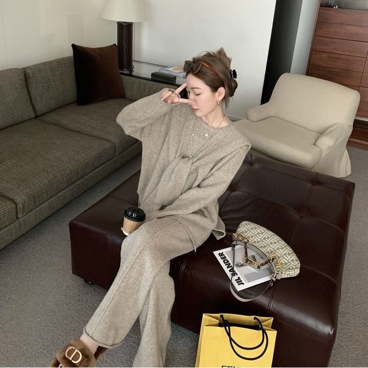 秋冬名媛感 韓劇同款柔軟高級針織披肩三件套