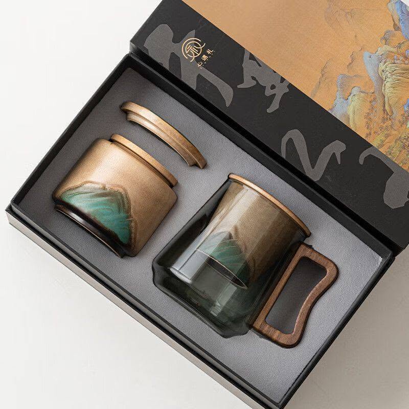 父親節生日走心伴手禮 復古千里江山茶禮  玻璃濾茶杯+儲茶罐