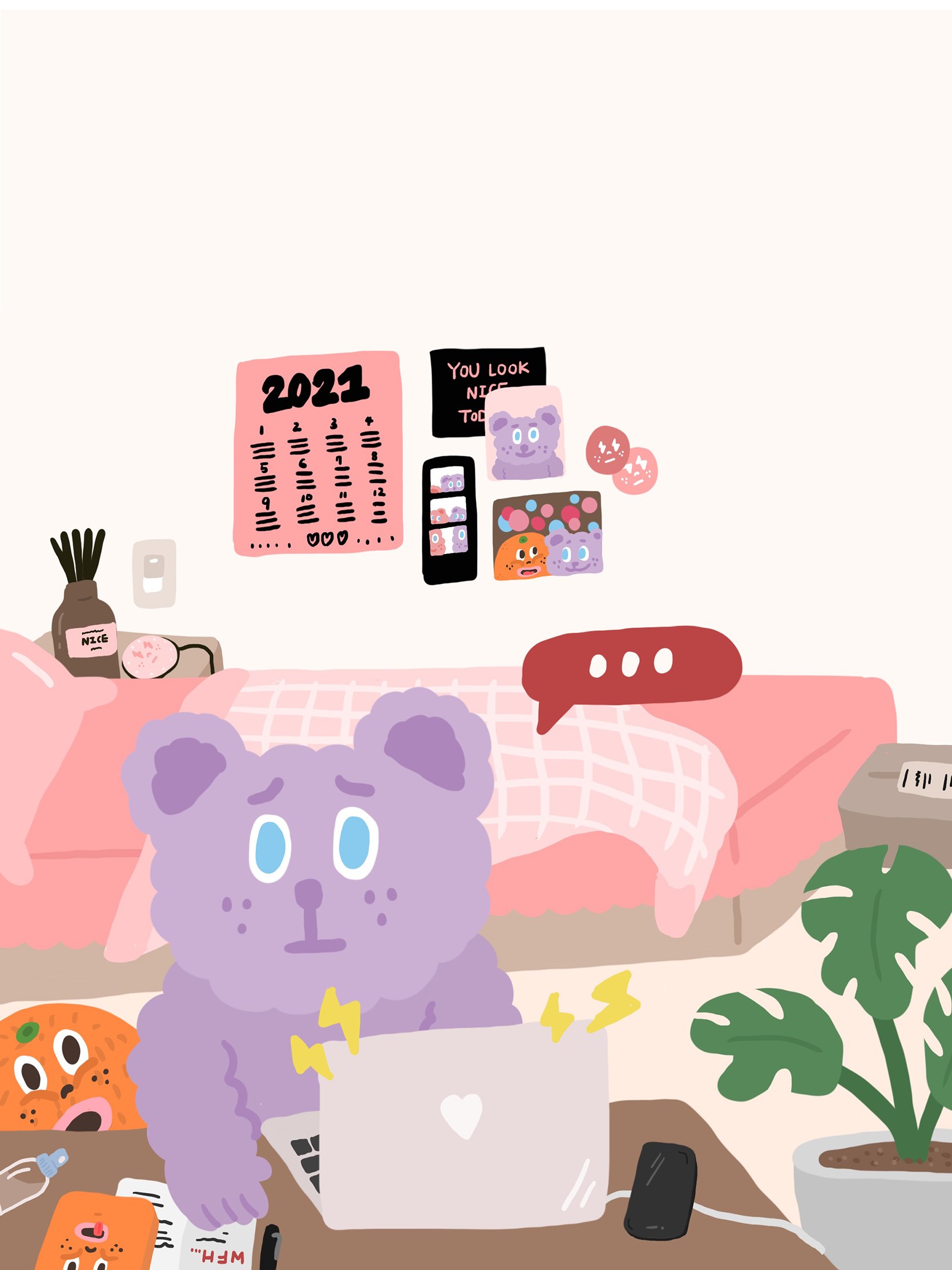 紫色雪莉熊居家上班，網路好慢要花轟（ iPad版本 ）