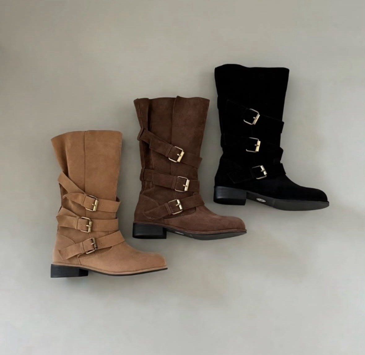 巴黎街道麂皮金屬扣中筒靴 3colors