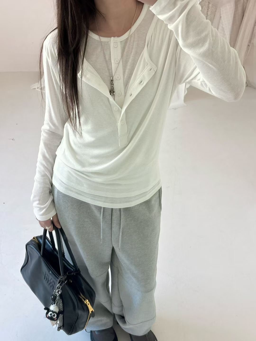 韓國春裝雙層排釦假兩件上衣 2colors