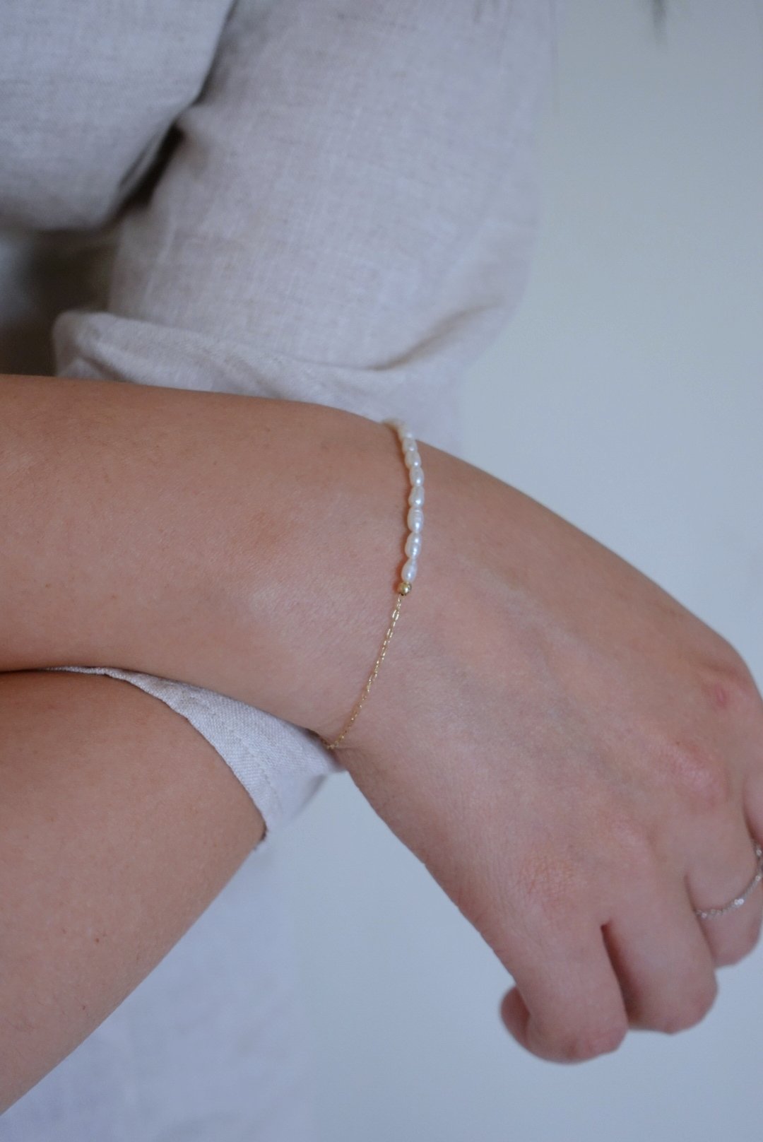 珍珠半半細長方手鍊 14KGF