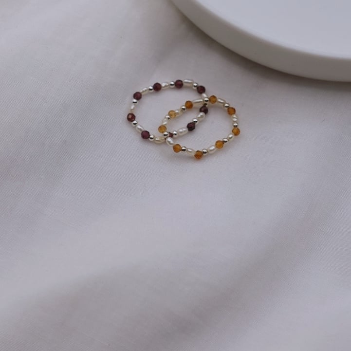 石榴石珍珠銀珠彈性珠戒 S925