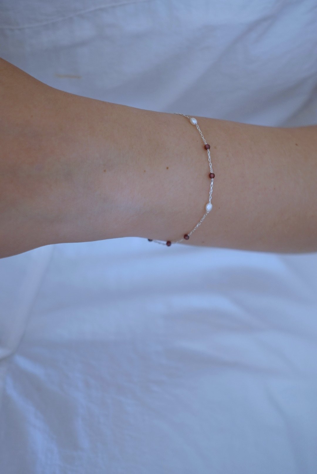 珍珠 紅石榴石 間隔純銀手鍊 S925