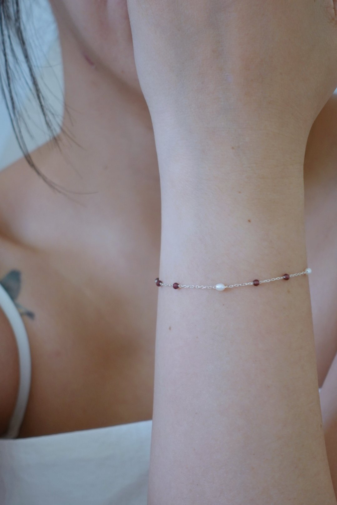 珍珠 紅石榴石 間隔純銀手鍊 S925