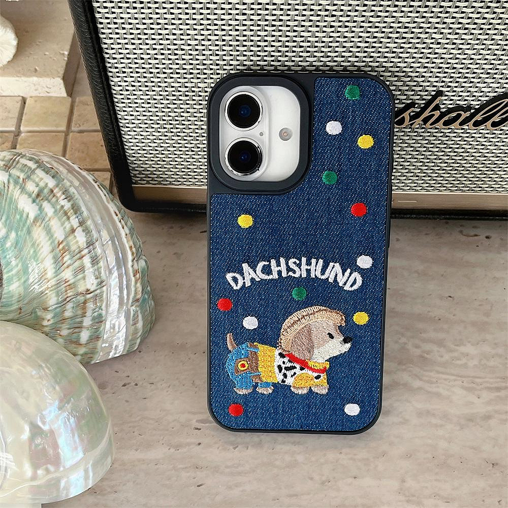 韓風刺繡臘腸狗適用iphone16手機殼15promax蘋果14/13pro保護套