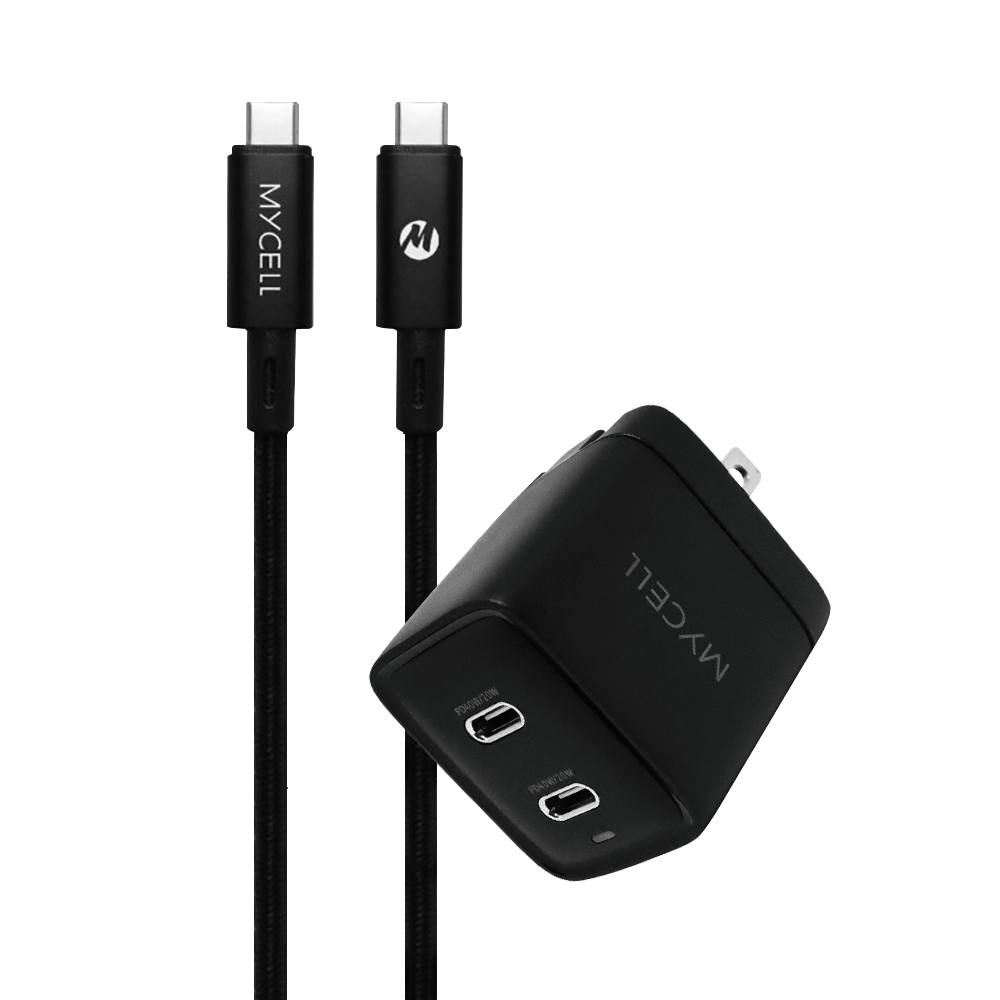 MYCEll 雙孔Type-C傳輸充電組 氮化鎵快充頭+240W充電線 支援8K 收納插角 智能晶片 PD豆腐頭套組