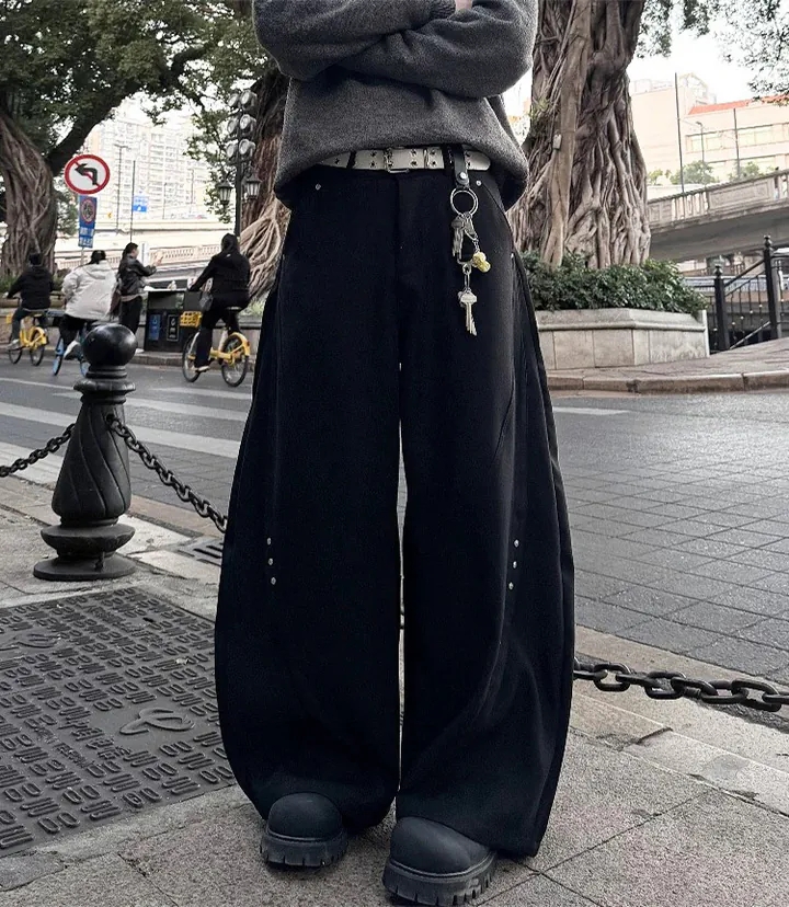 【爆款現貨+預購】美式鉚釘拼接闊腿寬褲