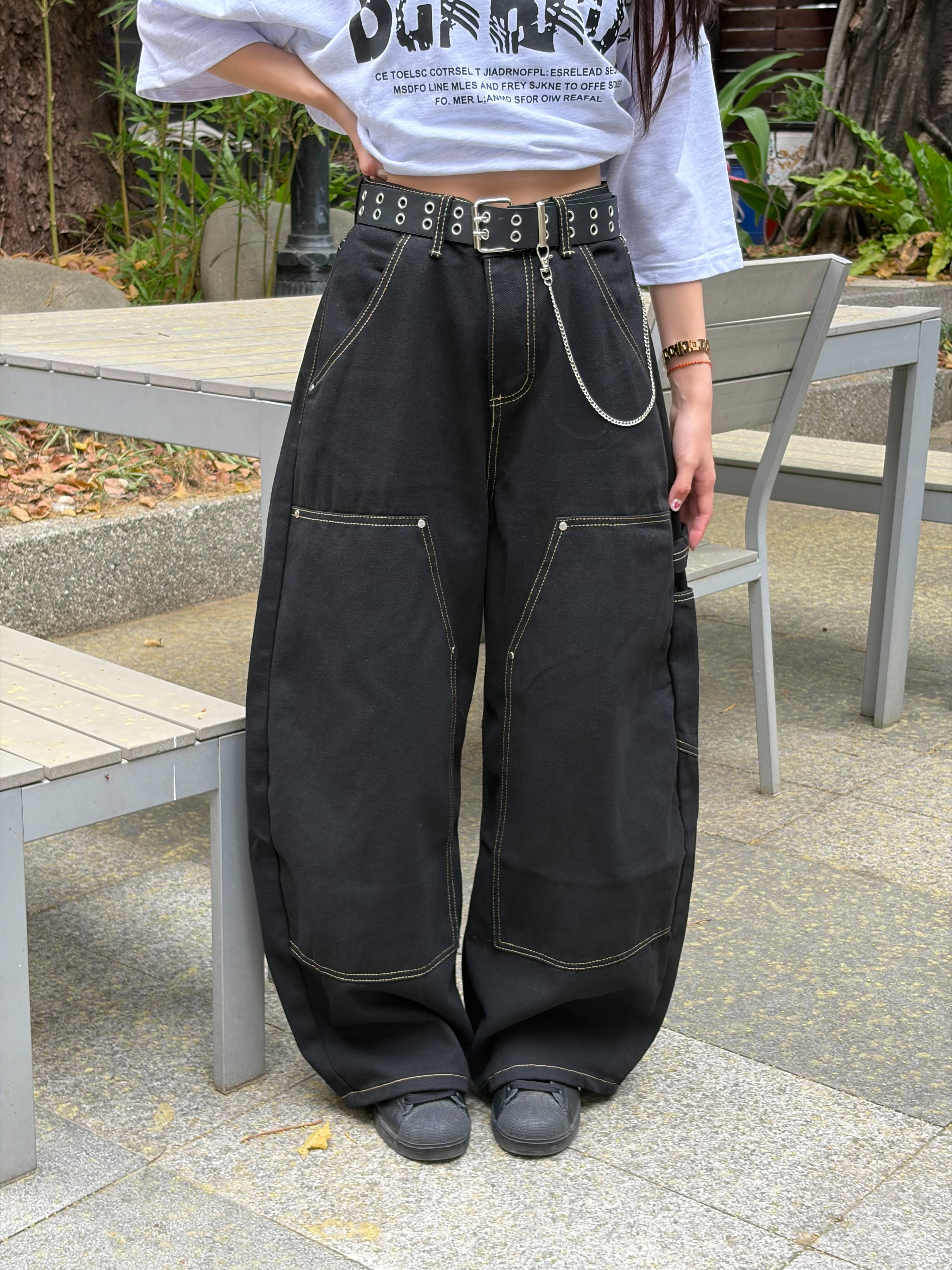 【腿長顯瘦神褲 官網限定】暗域結構拼接工裝寬褲