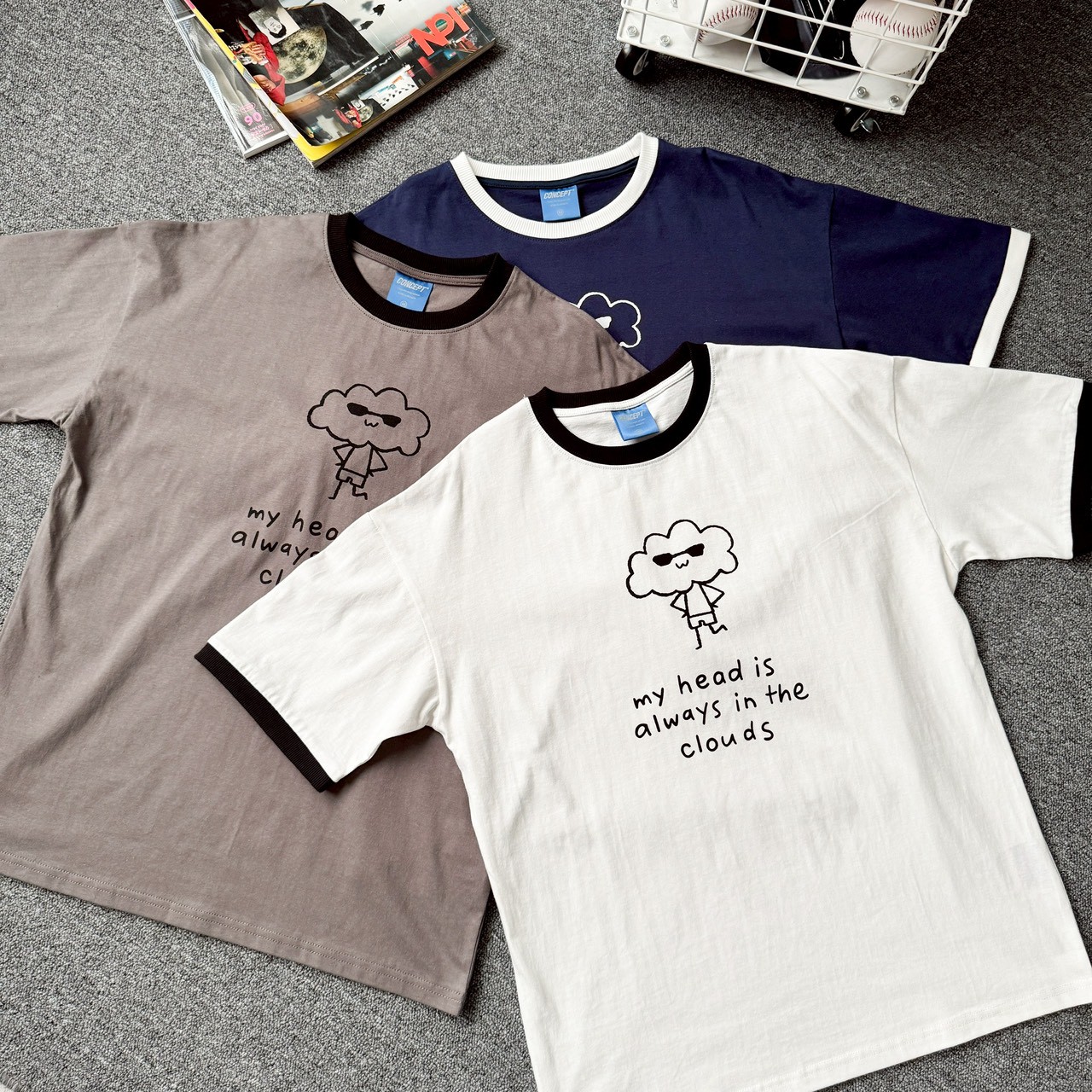 my head is always in the clouds 墨鏡雲朵撞色螺紋短T