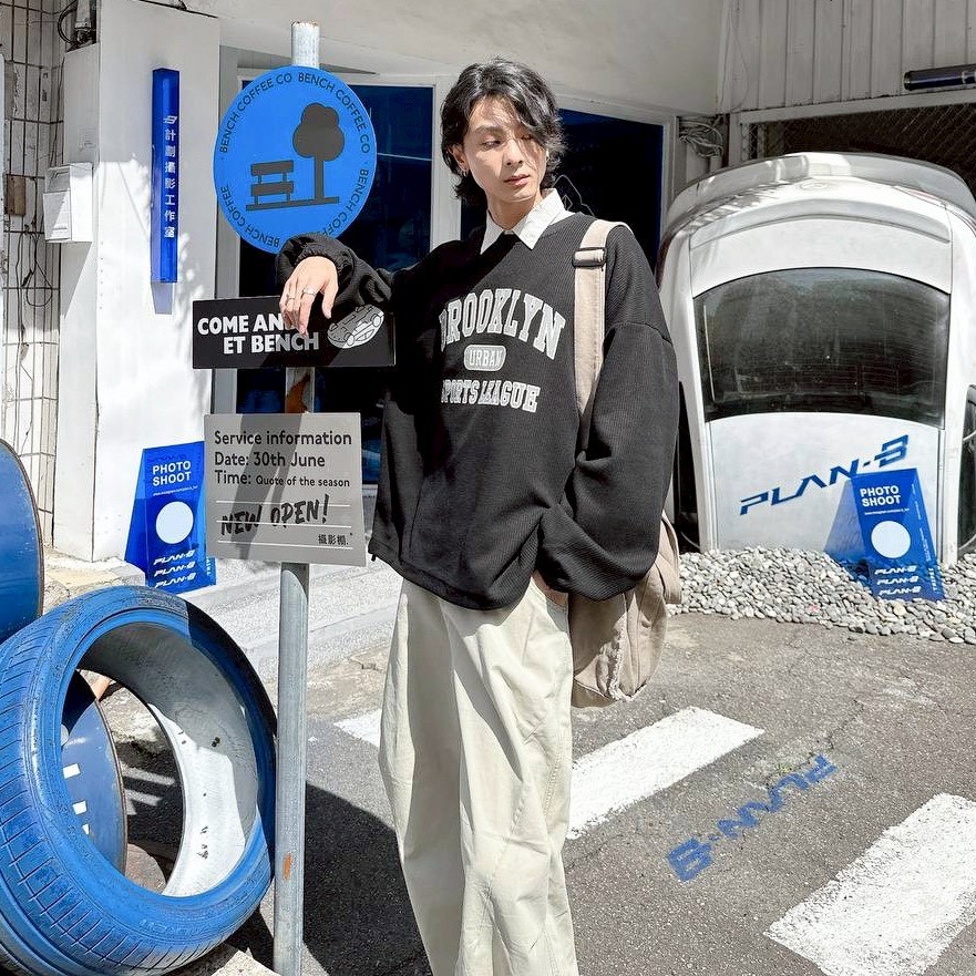 【現貨】BROOKLYN 華夫格束口印花大學T