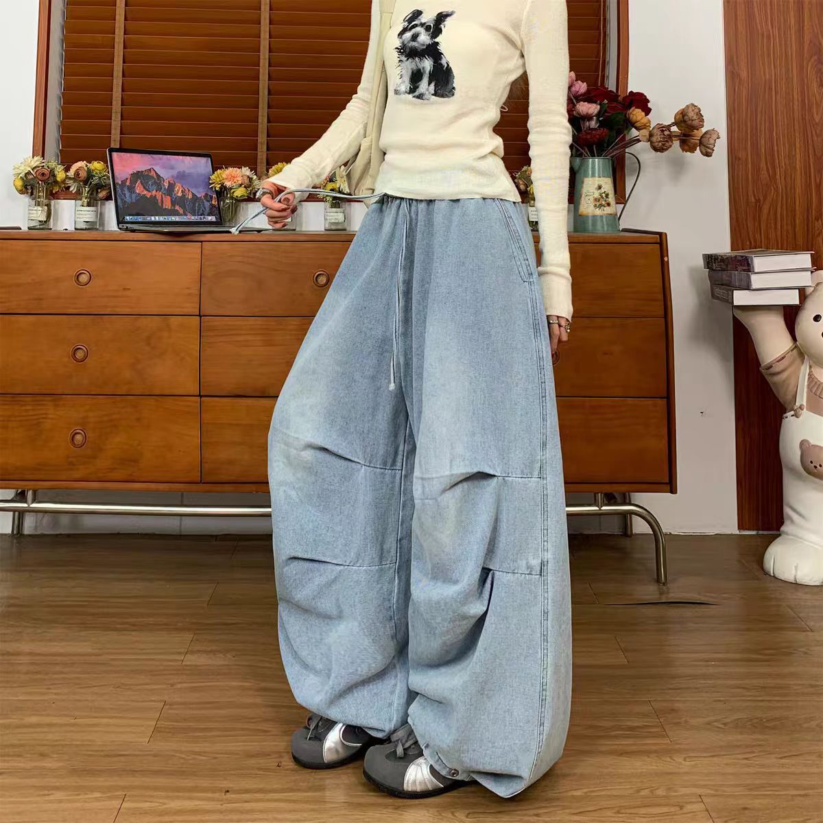 【層次感輕鬆GET】水洗多折牛仔寬褲