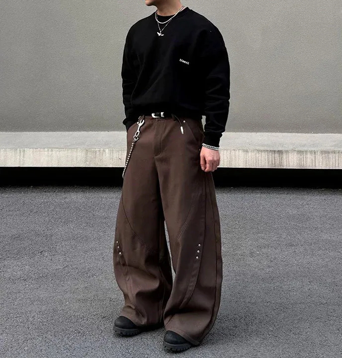 【爆款現貨+預購】美式鉚釘拼接闊腿寬褲