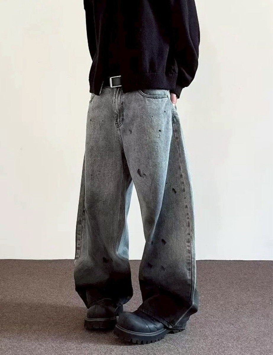 【潮流必備現貨】復古潑墨畫彎刀牛仔褲