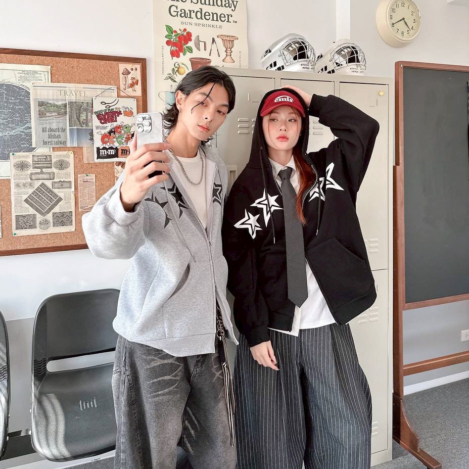 【現貨】星星印花雙鍊連帽外套