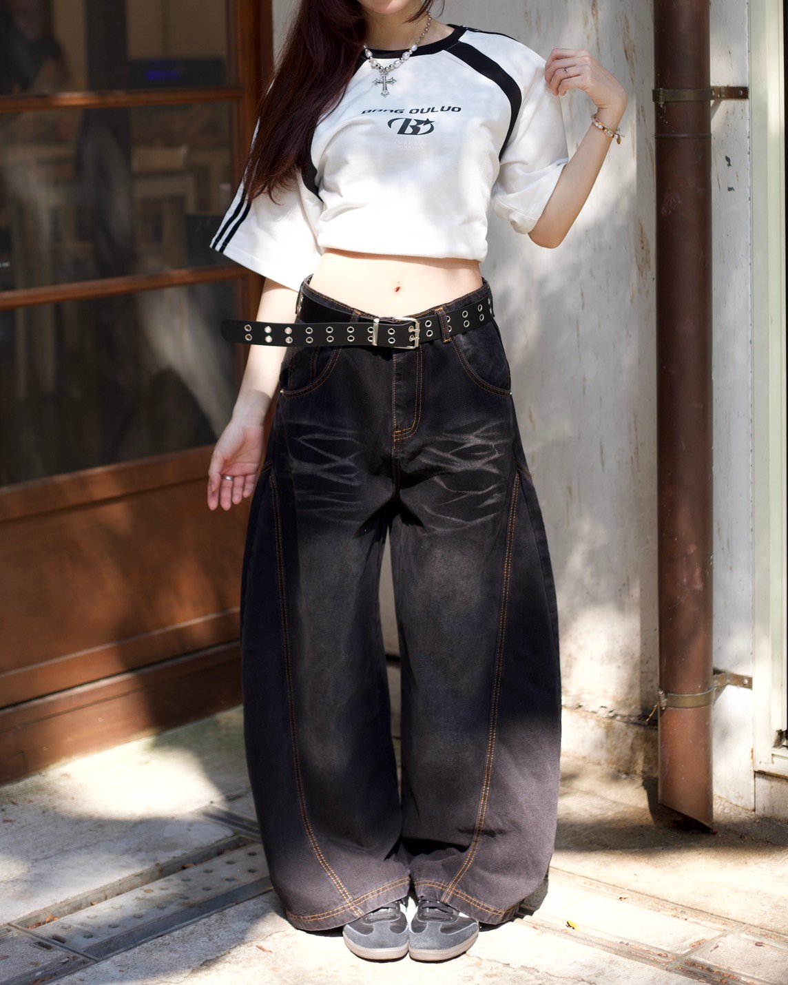 【腿長爆款來襲!!!】閃電裂痕水洗彎刀褲