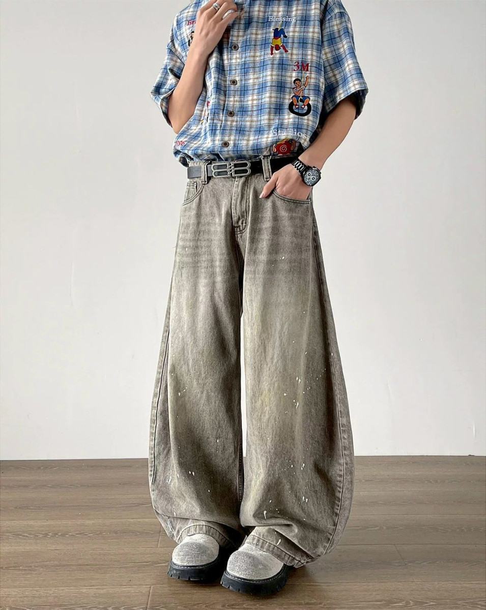 【潮流必備現貨】復古潑墨拖地顯瘦彎刀褲