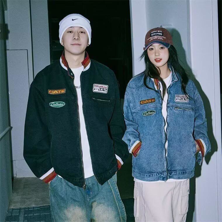 【預購】美式復古撞色拼接立領徽章牛仔夾克