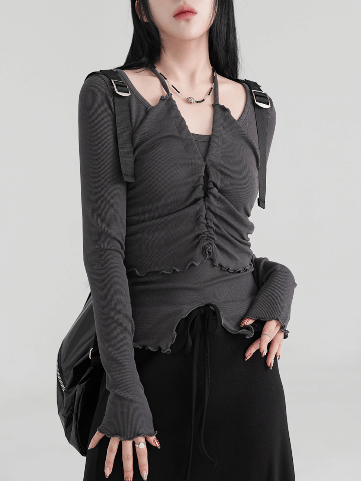 假兩件 抓皺倒V上衣 假兩件 抓皺倒V上衣