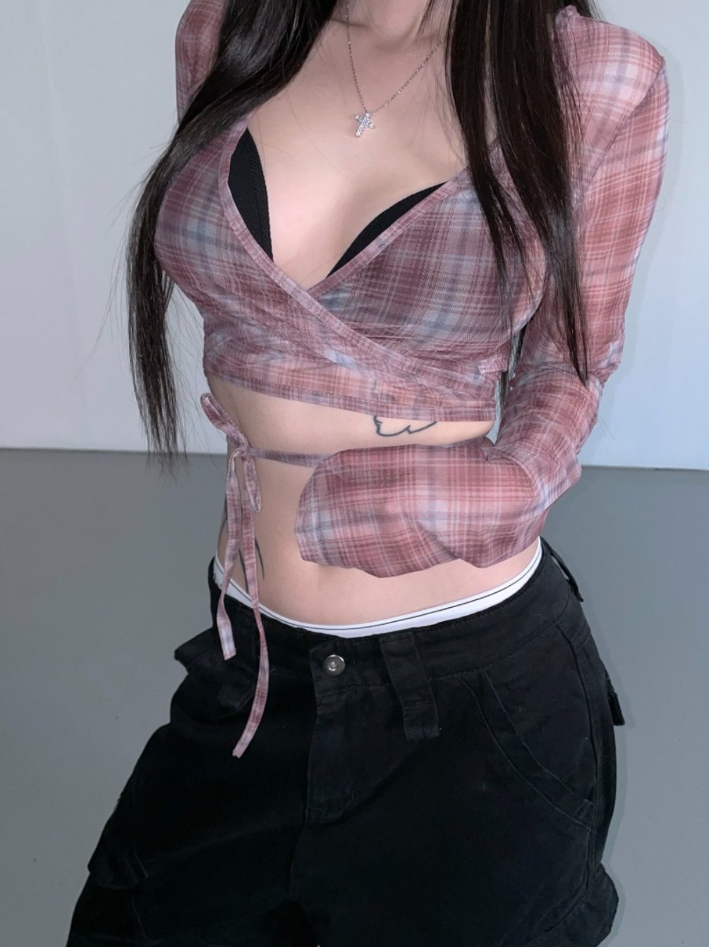 網紗綁帶 格紋罩衫