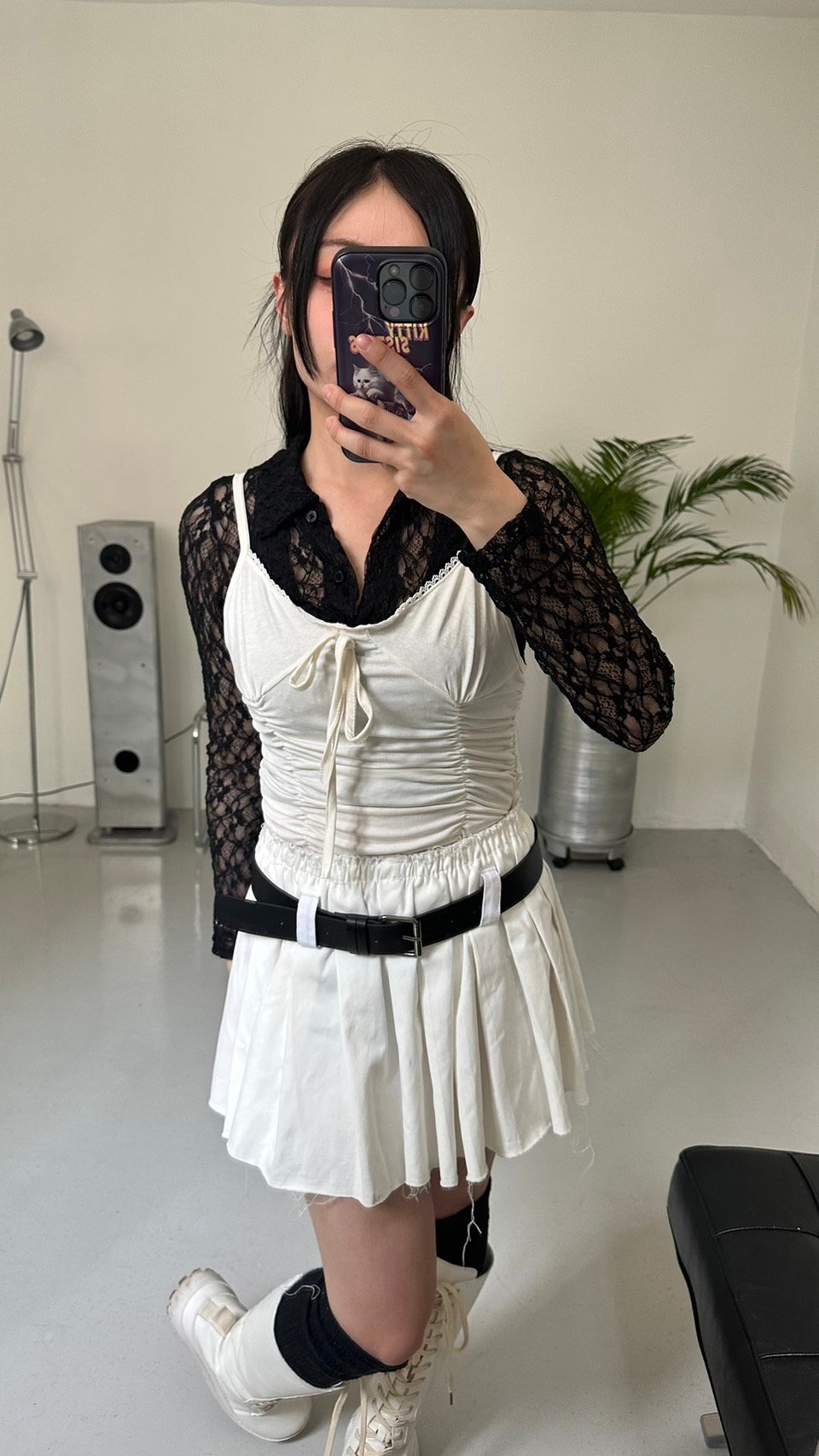 I 抓皺滾蕾絲小吊帶