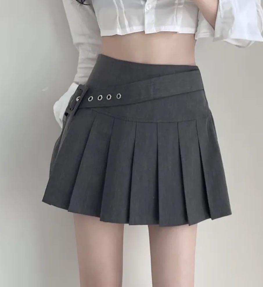 側面腰帶設計 百褶短裙