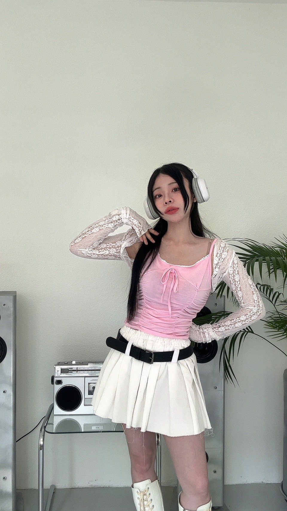 I 抓皺滾蕾絲小吊帶