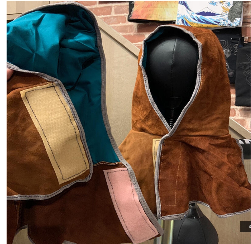 ~子甄彣璟~牛皮焊工護頸帽 電焊帽 氬焊 CO2 燒焊 防火花防護帽 防燙防塵披肩帽 電銲面罩 風帽 工作帽   