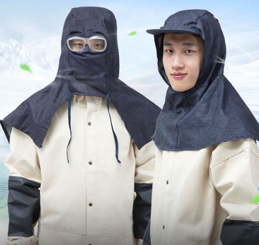 ~子甄彣璟~促銷品-牛仔披肩帽 套頭 防霧 防塵 搬運 打磨 防火花 遮陽 工作帽 披風帽子 帽檐款 防風鏡款