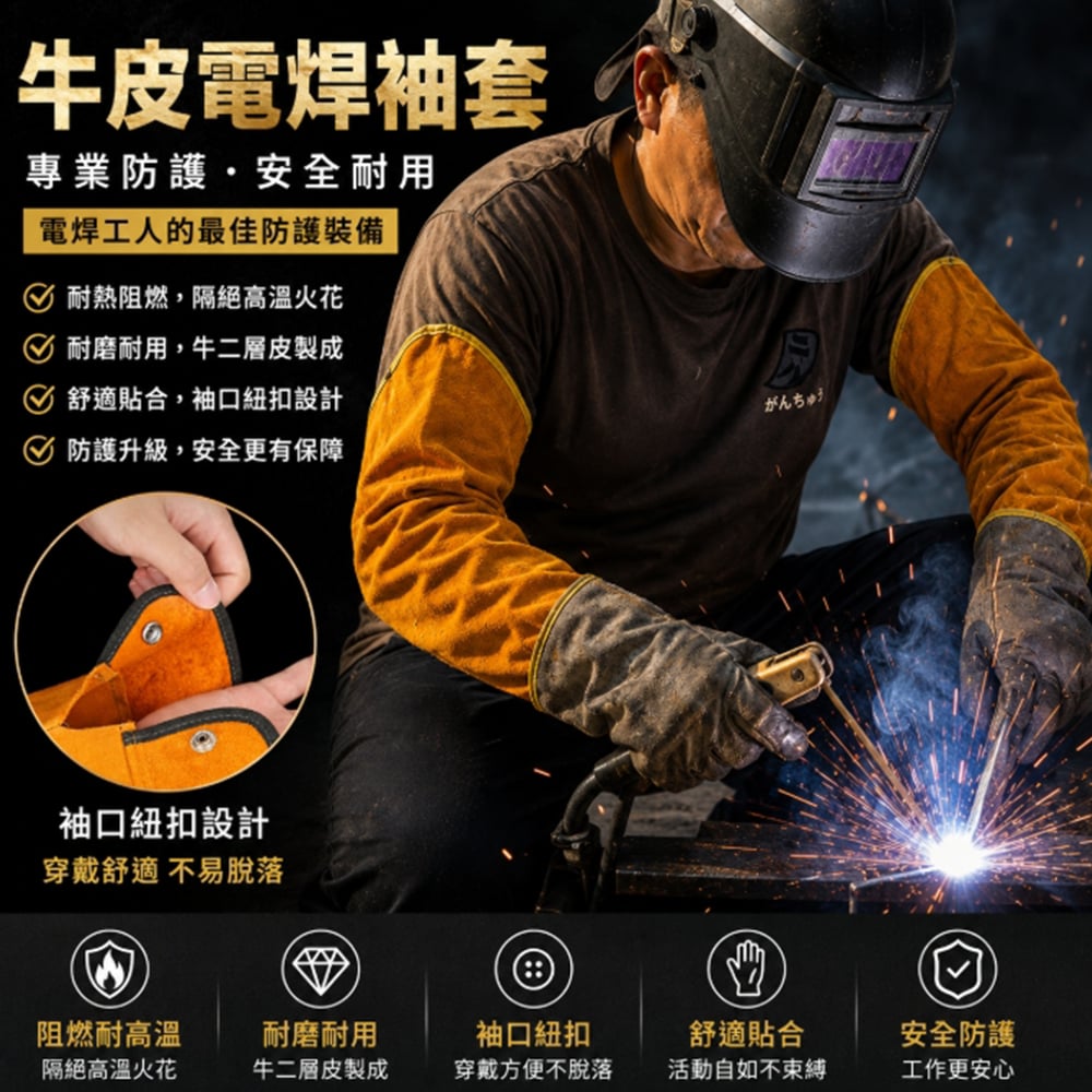 ~子甄彣璟~牛皮電焊袖套 防火線車縫 電銲袖套 焊接 焊工 打磨 切割 氬焊 CO2 牛皮袖套 工作袖套 焊接防護 鐵工 工地 防火花