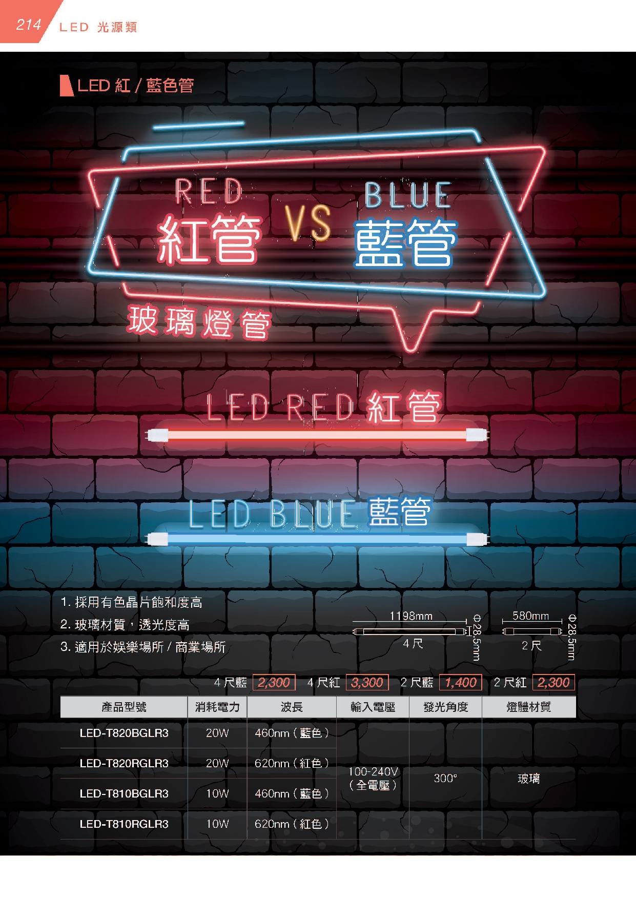 T8 LED 紅色 / 藍色燈管 D214