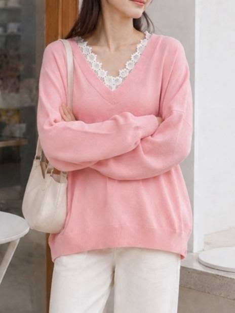 蕾絲V領寬鬆針織上衣 *3色 B11949