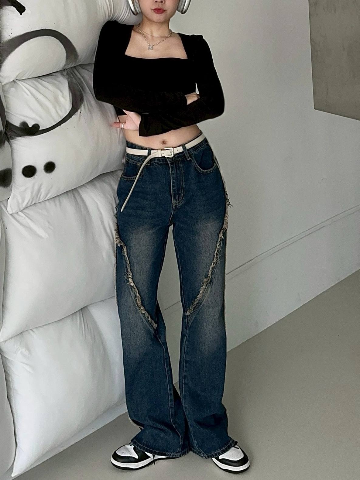 【SALE商品】重工藝鬚鬚車線刷色牛仔長褲*1色 T82459